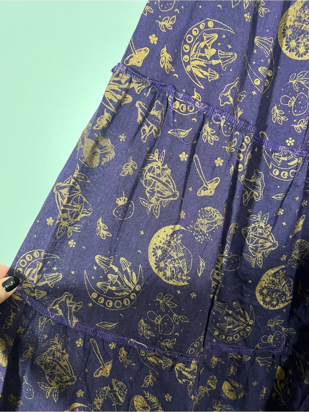Tiered Skirt Mushroom Celestial Witchy in Purple Gold Pockets Large Flowy Cotton - Picture 9 of 10